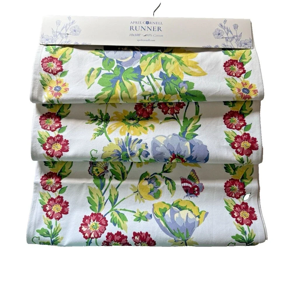 April Cornell Penny's Patio White Table Runner Cotton Blue Pink Multi 18x108